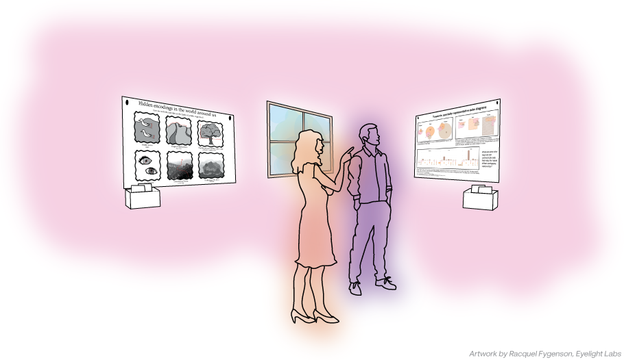 Illustration of two attendees viewing printed visualization drafts posted on a wall, each with a feedback box beneath it. Artwork by Racquel Fygenson from Eyelight Labs.